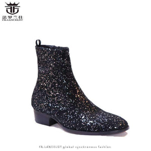 Planet Gates Black / 6 FR.LANCELOT 2018 New sequin leather men booties zip up Chelsea Boots black bling Ankle Boots Men's glitter party shoes vintage
