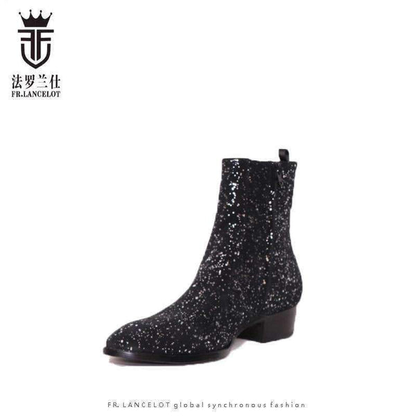 Planet Gates Black / 6 FR.LANCELOT 2018 New sequin leather men booties zip up Chelsea Boots black bling Ankle Boots Men's glitter party shoes vintage
