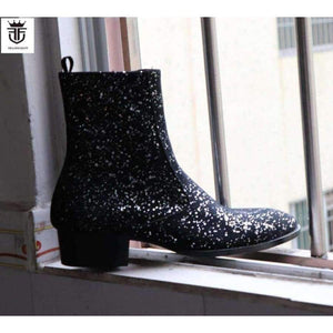 Planet Gates Black / 6 FR.LANCELOT 2018 New sequin leather men booties zip up Chelsea Boots black bling Ankle Boots Men's glitter party shoes vintage