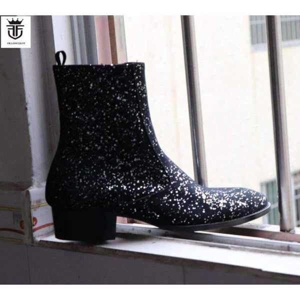 Planet Gates Black / 6 FR.LANCELOT 2018 New sequin leather men booties zip up Chelsea Boots black bling Ankle Boots Men's glitter party shoes vintage