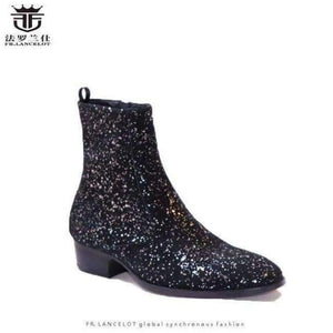 Planet Gates Black / 6 FR.LANCELOT 2018 New sequin leather men booties zip up Chelsea Boots black bling Ankle Boots Men's glitter party shoes vintage