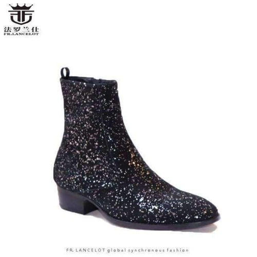Planet Gates Black / 6 FR.LANCELOT 2018 New sequin leather men booties zip up Chelsea Boots black bling Ankle Boots Men's glitter party shoes vintage
