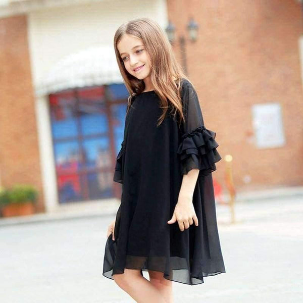 Planet Gates black / 6 Girls Dress Age 10 12 years Summer Chiffon Dress Flare Sleeve Black Dress For Little Girl Size 6 7 8 9 Teenage Girls Clothes