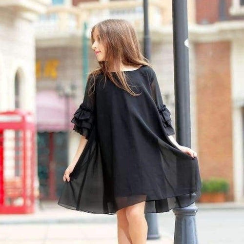Planet Gates black / 6 Girls Dress Age 10 12 years Summer Chiffon Dress Flare Sleeve Black Dress For Little Girl Size 6 7 8 9 Teenage Girls Clothes