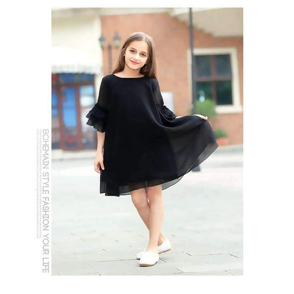 Planet Gates black / 6 Girls Dress Age 10 12 years Summer Chiffon Dress Flare Sleeve Black Dress For Little Girl Size 6 7 8 9 Teenage Girls Clothes