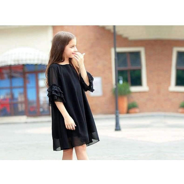 Planet Gates black / 6 Girls Dress Age 10 12 years Summer Chiffon Dress Flare Sleeve Black Dress For Little Girl Size 6 7 8 9 Teenage Girls Clothes