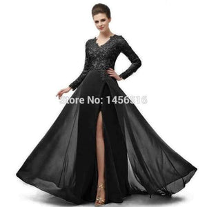 Planet Gates Black / 6 Long Sleeve A Line V Neck Chiffon Lace Beaded Long Evening Dresses 2018 Robe De Soiree Manche Longue 122416W