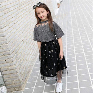 Planet Gates Black / 6T Girls Clothing Sets Teenage Summer Fashion costume for Big girl outfits 2pcs T shirt + Sequins Mesh Skirts 6 8 10 12 14 16 Years