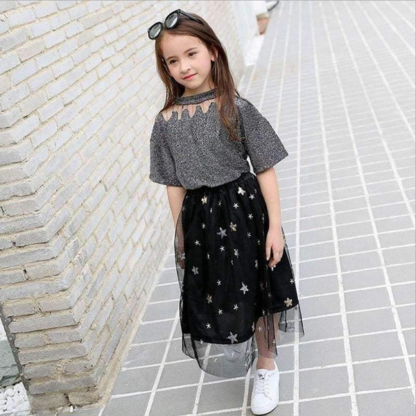 Planet Gates Black / 6T Girls Clothing Sets Teenage Summer Fashion costume for Big girl outfits 2pcs T shirt + Sequins Mesh Skirts 6 8 10 12 14 16 Years