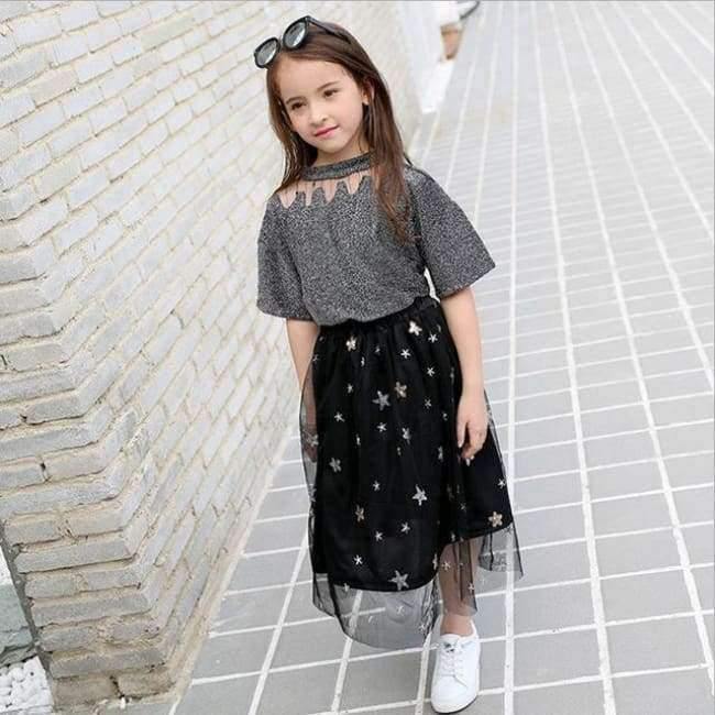 Planet Gates Black / 6T Girls Clothing Sets Teenage Summer Fashion costume for Big girl outfits 2pcs T shirt + Sequins Mesh Skirts 6 8 10 12 14 16 Years