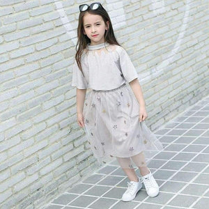 Planet Gates Black / 6T Girls Clothing Sets Teenage Summer Fashion costume for Big girl outfits 2pcs T shirt + Sequins Mesh Skirts 6 8 10 12 14 16 Years