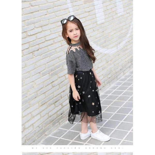 Girls Clothing Sets Teenage Summer Fashion costume for Big girl outfits 2pcs T shirt + Sequins Mesh Skirts 6 8 10 12 14 16 Years - Planet Gates
