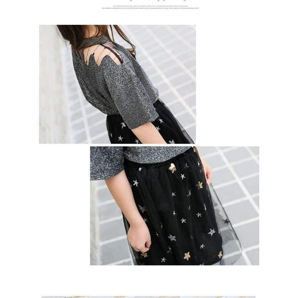Planet Gates Black / 6T Girls Clothing Sets Teenage Summer Fashion costume for Big girl outfits 2pcs T shirt + Sequins Mesh Skirts 6 8 10 12 14 16 Years