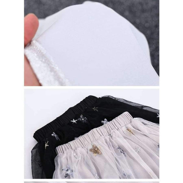 Planet Gates Black / 6T Girls Clothing Sets Teenage Summer Fashion costume for Big girl outfits 2pcs T shirt + Sequins Mesh Skirts 6 8 10 12 14 16 Years