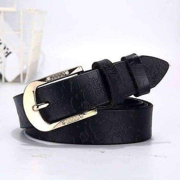 Furong Female Leather Belt Genuine Cow Skin Womens Belt Black For Jeans Rhinestone Embossing Designer Pin Buckle Belt Lady - Black / 90Cm