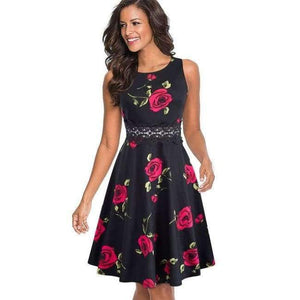 Planet Gates Černé a květinové / L Nice-forever Vintage Elegantní výšivka Květinové krajkové Patchworkové šaty A-Line Pinup Business Dámské párty zvonové šaty A079
