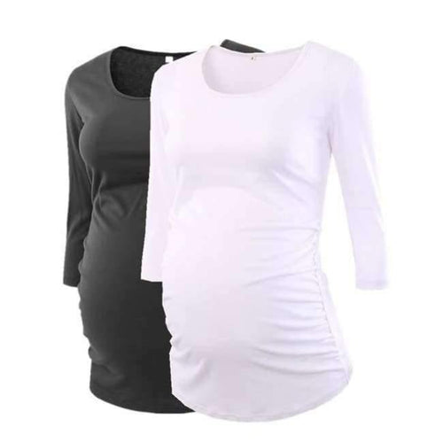Planet Gates black and white / S Pregnant Blouse Maternity Clothes Side Ruched 3 Quarter Sleeve Maternity Scoop Neck Jersey Top Pregnancy Clothes for Women Tops