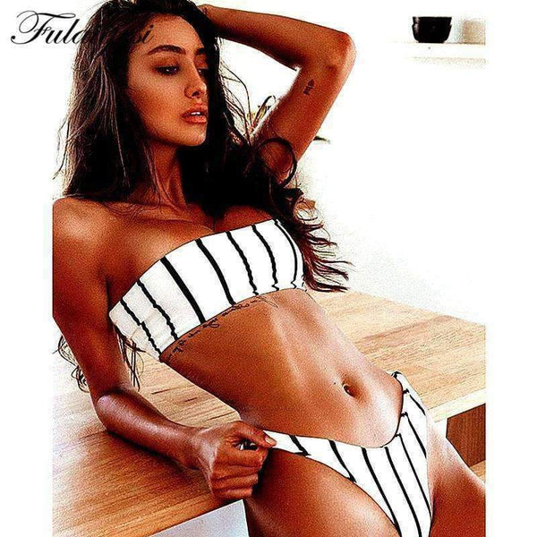 Planet Gates Black and white striped Bikini set women push up swimsuit women swimwear 2018 sexy Low waist bandeau bathing suit new