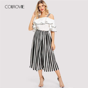 Planet Gates Black And White Striped Open Shoulder Ruffle Blouse & Pants Women Set 2018 Autumn Elegant Suits Sexy Two Piece Sets