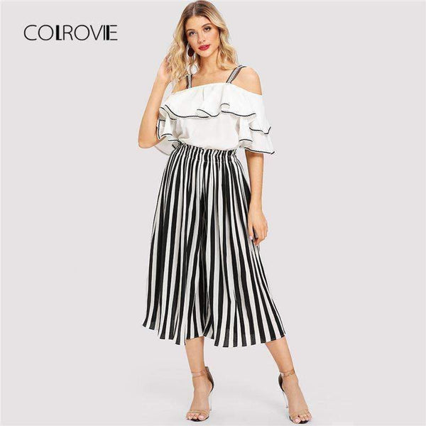 Planet Gates Black And White Striped Open Shoulder Ruffle Blouse & Pants Women Set 2018 Autumn Elegant Suits Sexy Two Piece Sets