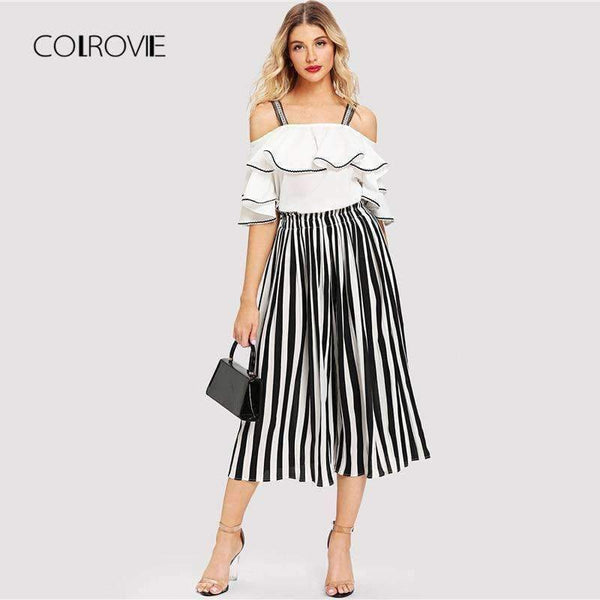 Planet Gates Black And White Striped Open Shoulder Ruffle Blouse & Pants Women Set 2018 Autumn Elegant Suits Sexy Two Piece Sets