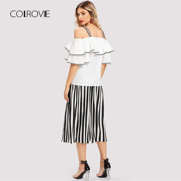 Planet Gates Black And White Striped Open Shoulder Ruffle Blouse & Pants Women Set 2018 Autumn Elegant Suits Sexy Two Piece Sets