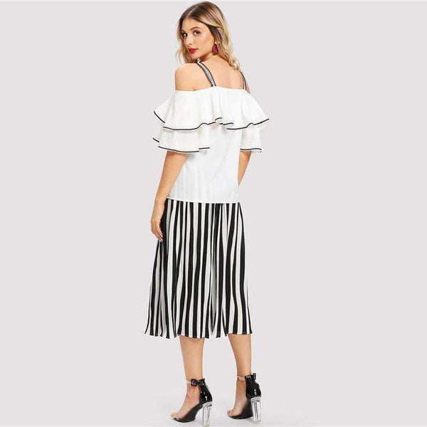 Planet Gates Black And White Striped Open Shoulder Ruffle Blouse & Pants Women Set 2018 Autumn Elegant Suits Sexy Two Piece Sets