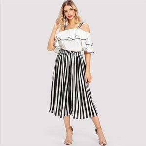 Planet Gates Black And White Striped Open Shoulder Ruffle Blouse & Pants Women Set 2018 Autumn Elegant Suits Sexy Two Piece Sets