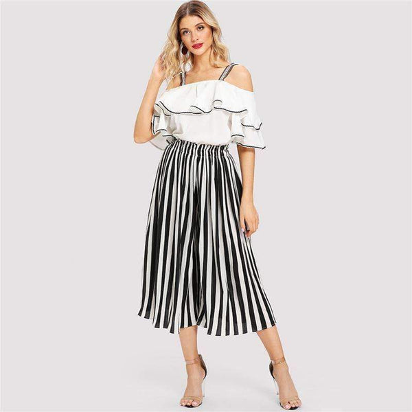 Planet Gates Black And White Striped Open Shoulder Ruffle Blouse & Pants Women Set 2018 Autumn Elegant Suits Sexy Two Piece Sets