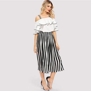 Planet Gates Black And White Striped Open Shoulder Ruffle Blouse & Pants Women Set 2018 Autumn Elegant Suits Sexy Two Piece Sets
