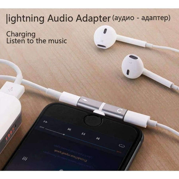 Planet Gates Black Audio Adapter For iPhone 7 8Plus X Charging/Audio 2 in 1 Charger Cable Adapter For Lightning Jack to Earphone AUX Cable