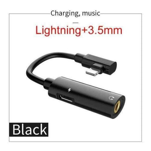 Planet Gates Black Audio Cable for Apple plug 2in1 Fast Charging 3.5mm Audio Converter Adapter for iPhone X XS Max XR 8 Headphone Support MIC