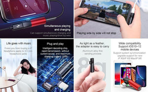 Planet Gates Black Baseus 2 in 1 Audio Adapter for iPhone Xs Max XR Xs X 8 Converter to 3.5mm Aux Jack Earphone Splitter Extension Charging Adapter