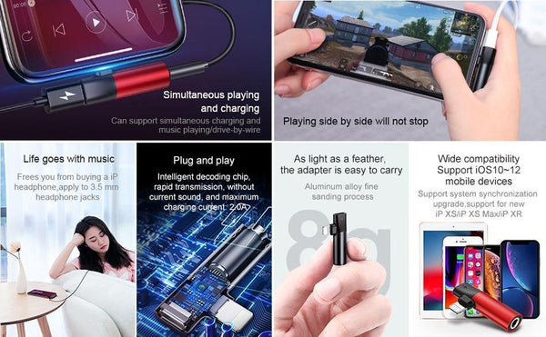 Planet Gates Black Baseus 2 in 1 Audio Adapter for iPhone Xs Max XR Xs X 8 Converter to 3.5mm Aux Jack Earphone Splitter Extension Charging Adapter