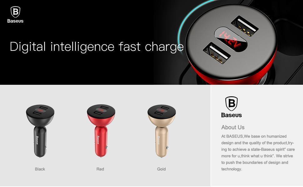 Planet Gates Baseus Car Charger Digital LED Display Mobile Phone Charger Dual USB Car Phone Charger for iPhone Samsung Tablet Travel Adapter