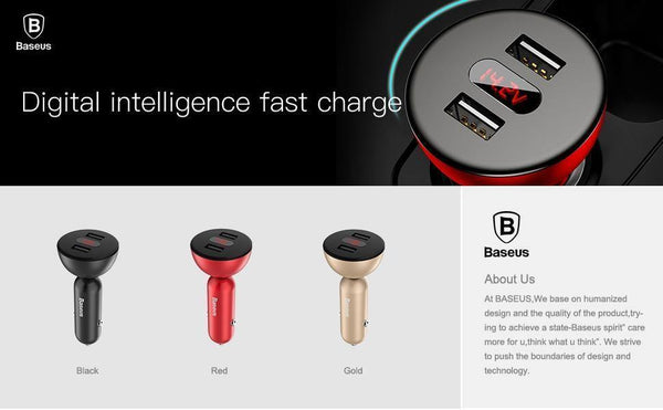 Planet Gates Black Baseus Car Charger Digital LED Display Mobile Phone Charger Dual USB Car Phone Charger for iPhone Samsung Tablet Travel Adapter