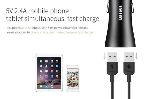 Planet Gates Black Baseus Dual USB Car Charger For iPhone XS Samsung Mobile Phone Charger Car Cigar Lighter Tablet GPS Travel Adapter Phone Charger
