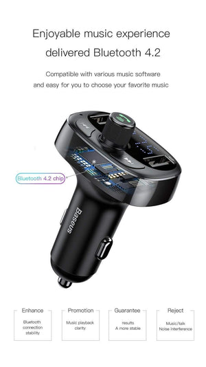 Planet Gates Black Baseus FM Transmitter Aux Modulator Bluetooth Car Charger Kit Handsfree Audio MP3 Player 3.4A Dual USB Fast Mobile Phone Charger