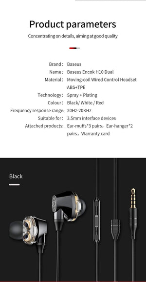 Planet Gates Black Baseus H10 Dual Dynamic Driver Wired Earphone For Phone Stereo Sound Casque 3.5mm Jack Earpiece With Mic kulakl k Fone De Ouvido