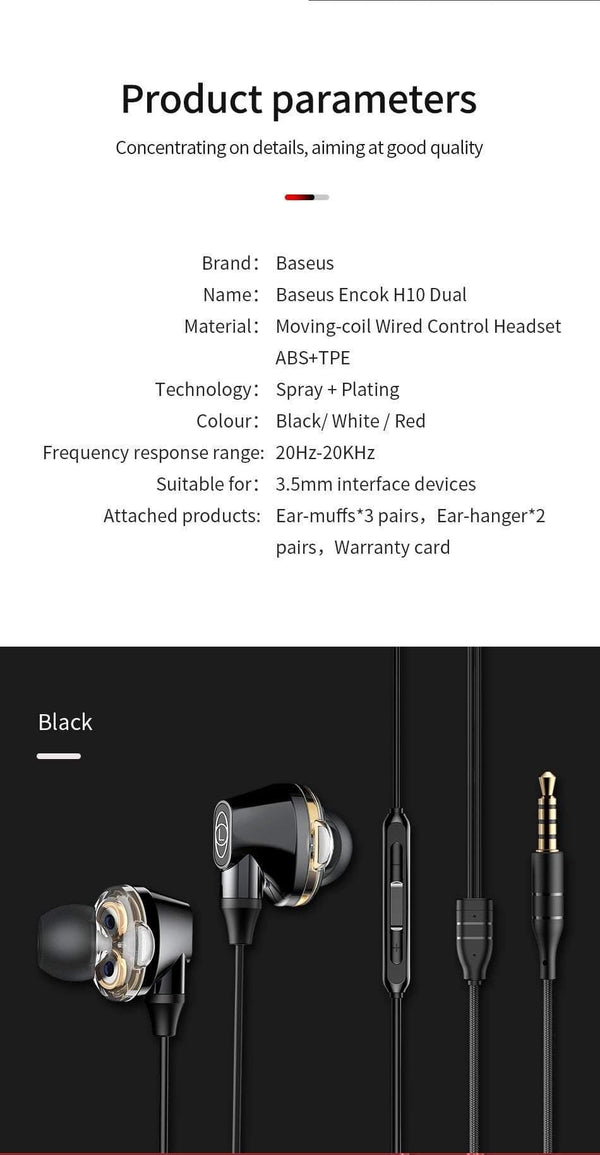 Planet Gates Black Baseus H10 Dual Dynamic Driver Wired Earphone For Phone Stereo Sound Casque 3.5mm Jack Earpiece With Mic kulakl k Fone De Ouvido
