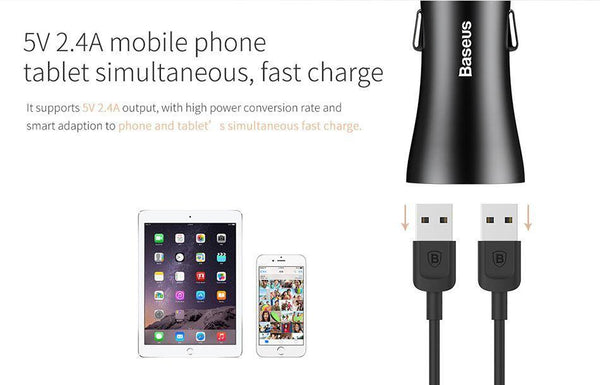 Planet Gates Black Baseus LED Car USB Charger For iPhone Samsung Xiaomi 2.4A Fast Charge Adapter Metal Mini USB Car-Charger For Mobile Phone