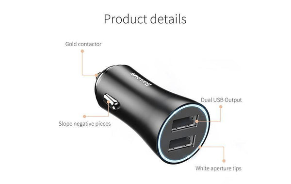 Planet Gates Black Baseus LED Car USB Charger For iPhone Samsung Xiaomi 2.4A Fast Charge Adapter Metal Mini USB Car-Charger For Mobile Phone