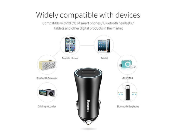 Planet Gates Black Baseus LED Car USB Charger For iPhone Samsung Xiaomi 2.4A Fast Charge Adapter Metal Mini USB Car-Charger For Mobile Phone