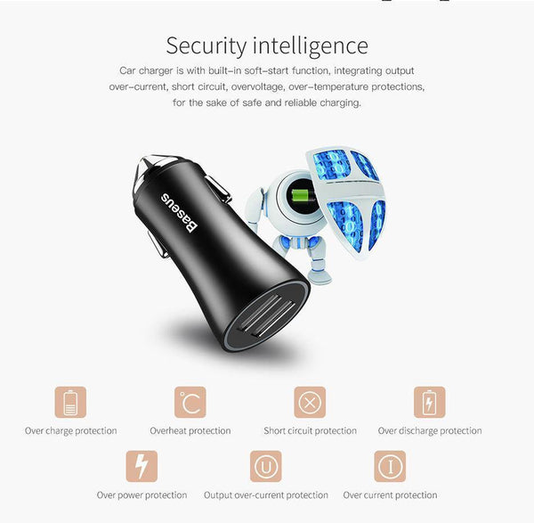 Planet Gates Black Baseus LED Car USB Charger For iPhone Samsung Xiaomi 2.4A Fast Charge Adapter Metal Mini USB Car-Charger For Mobile Phone