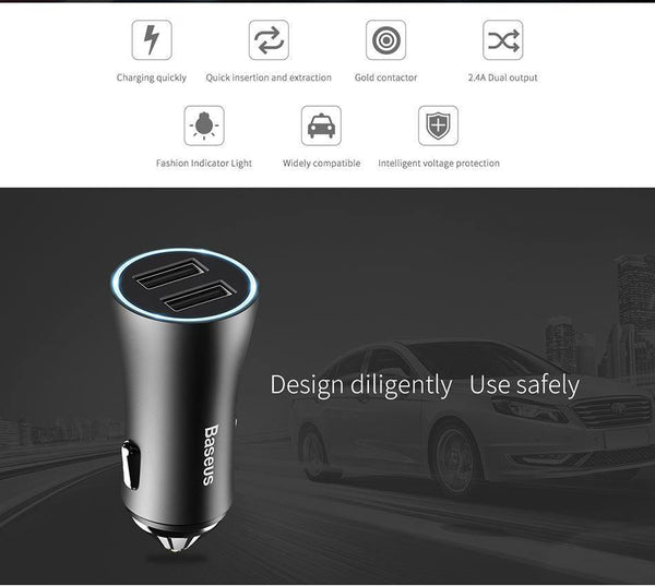 Planet Gates Black Baseus LED Car USB Charger For iPhone Samsung Xiaomi 2.4A Fast Charge Adapter Metal Mini USB Car-Charger For Mobile Phone