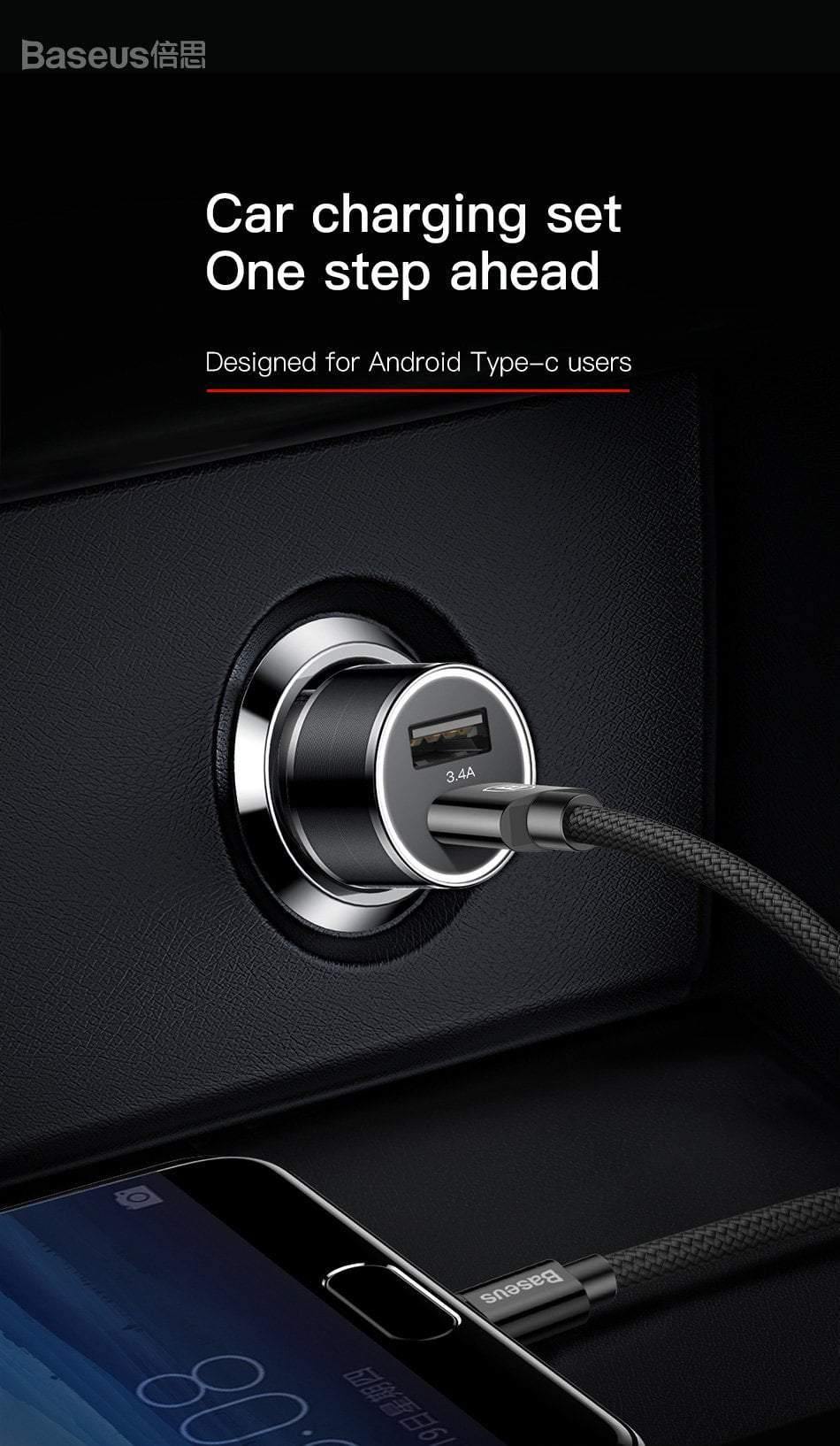 Planet Gates Black Baseus Metal Car Charger Adapter for Mobile Phone 3.4A Dual USB Car Phone Charger for iPhone Samsung & Micro USB / Type C Cable