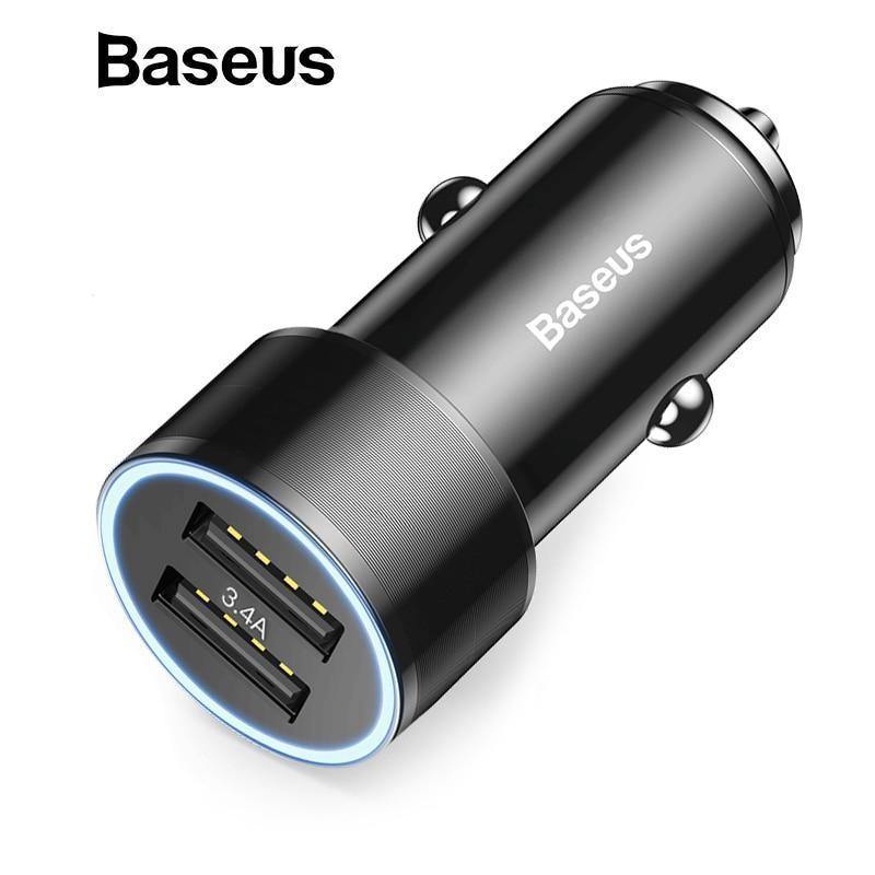 Planet Gates Black Baseus Metal Car Charger Adapter for Mobile Phone 3.4A Dual USB Car Phone Charger for iPhone Samsung & Micro USB / Type C Cable
