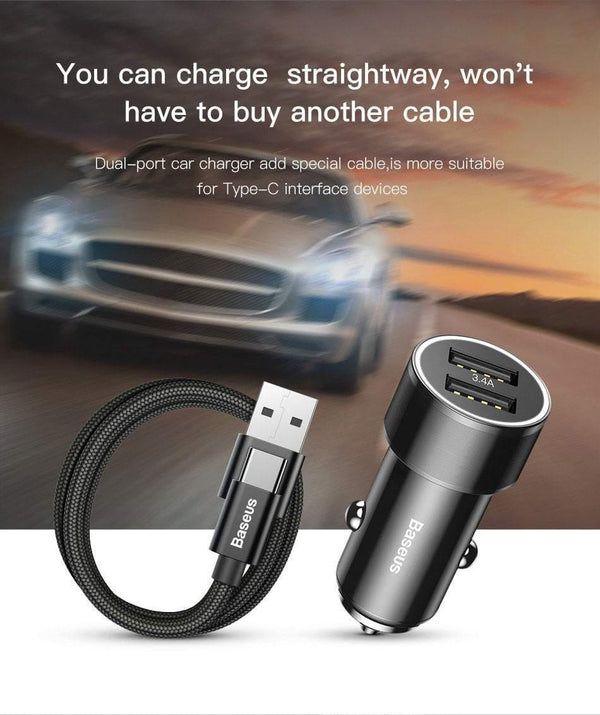 Planet Gates Black Baseus Metal Car Charger Adapter for Mobile Phone 3.4A Dual USB Car Phone Charger for iPhone Samsung & Micro USB / Type C Cable