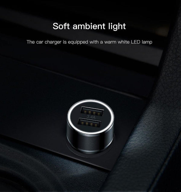 Planet Gates Black Baseus Metal Car Charger Adapter for Mobile Phone 3.4A Dual USB Car Phone Charger for iPhone Samsung & Micro USB / Type C Cable