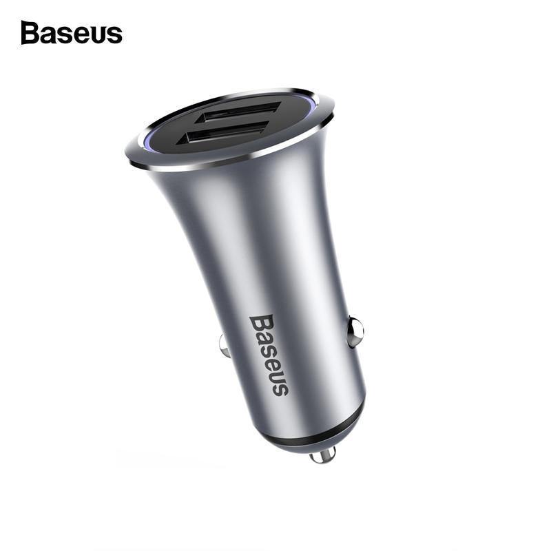 Planet Gates Black Baseus Metal Dual USB Car Charger For iPhone Samsung Xiaomi mi Huawei LED Light Car Charging Mobile Phone Charger Car Adapter